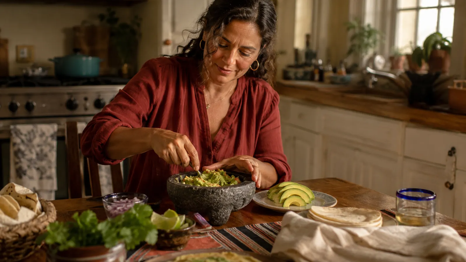 Family taco night spread on a kitchen table with a bowl of fresh guacamole and sliced avocado