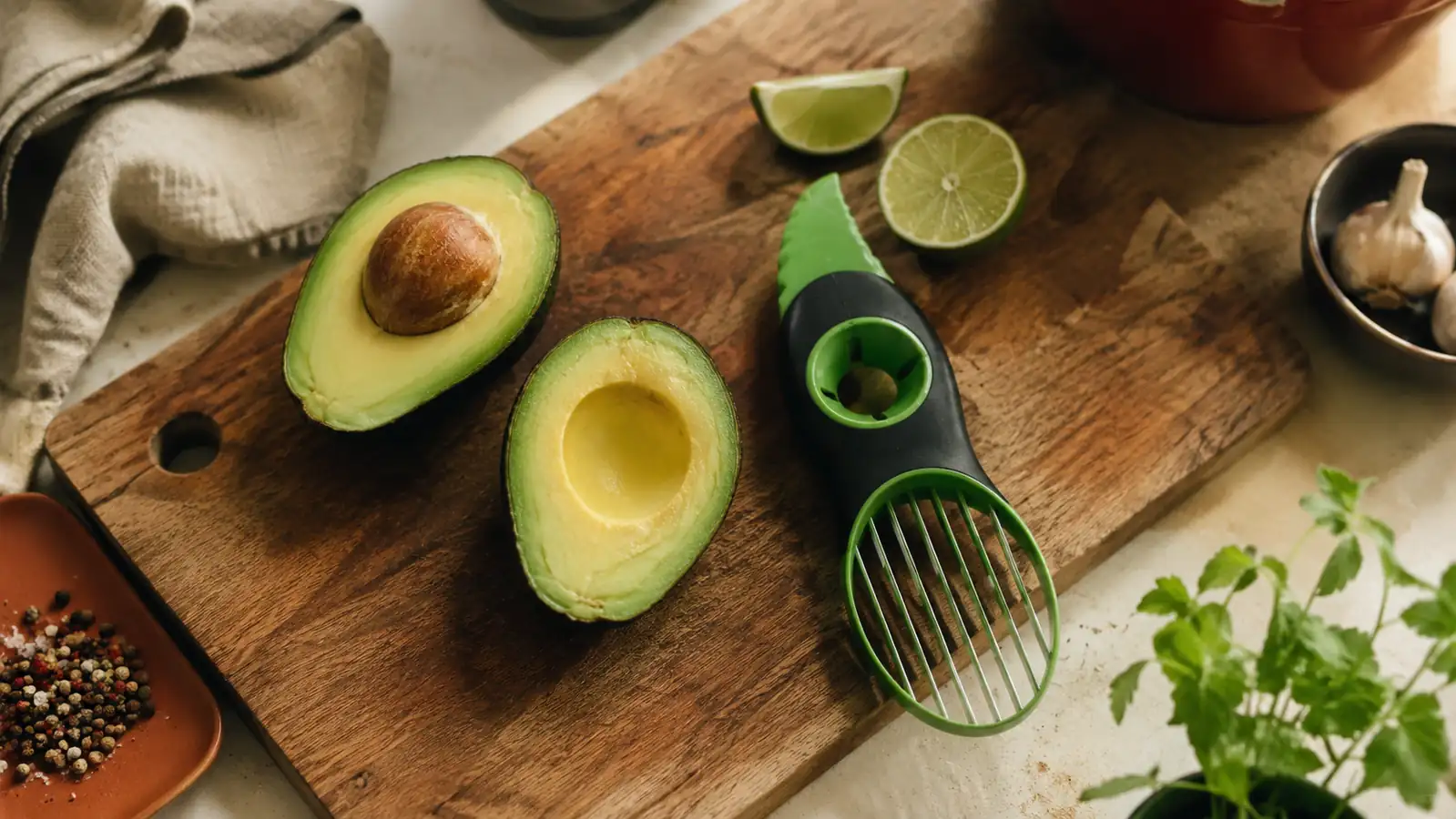 Halved avocados on a wood cutting board next to a green 3-in-1 avocado slicer tool, morning kitchen light