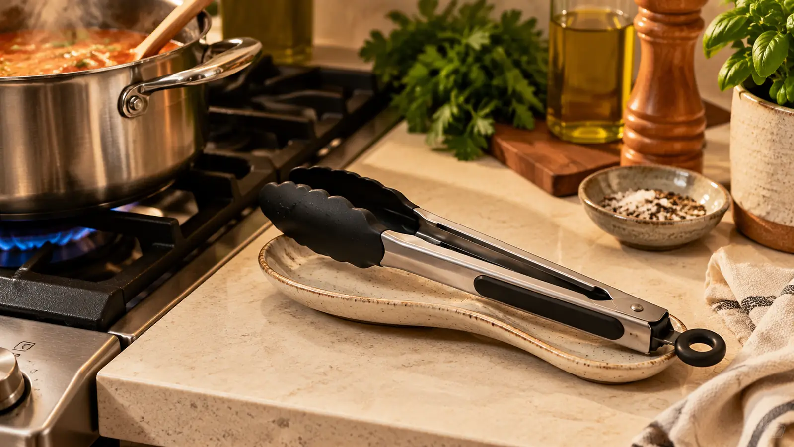 A pair of stainless steel locking kitchen tongs with silicone tips resting on a wooden spoon rest next to a stovetop