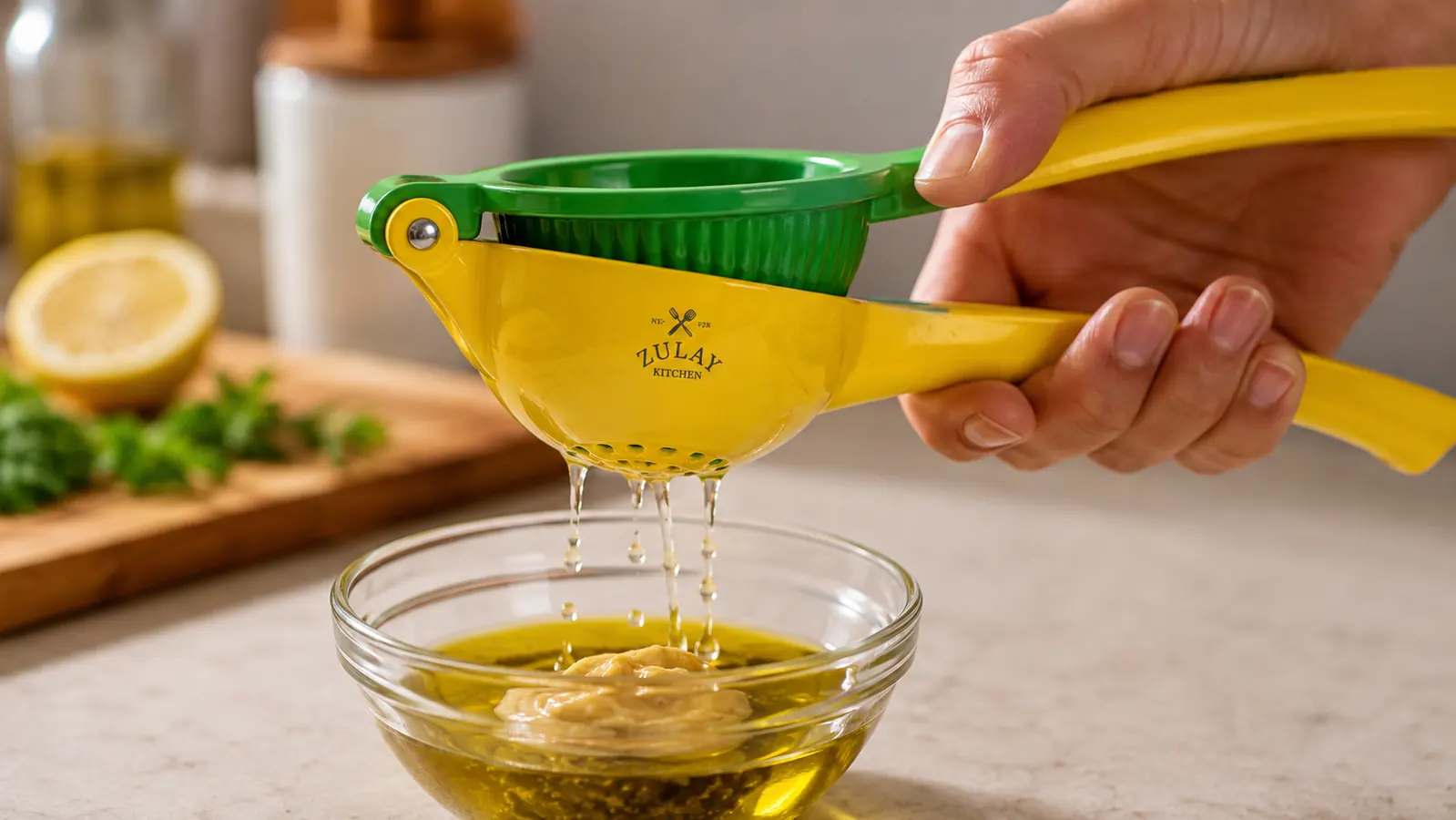 A hand squeezing a lemon half in the metal squeezer over a mixing bowl of vinaigrette ingredients