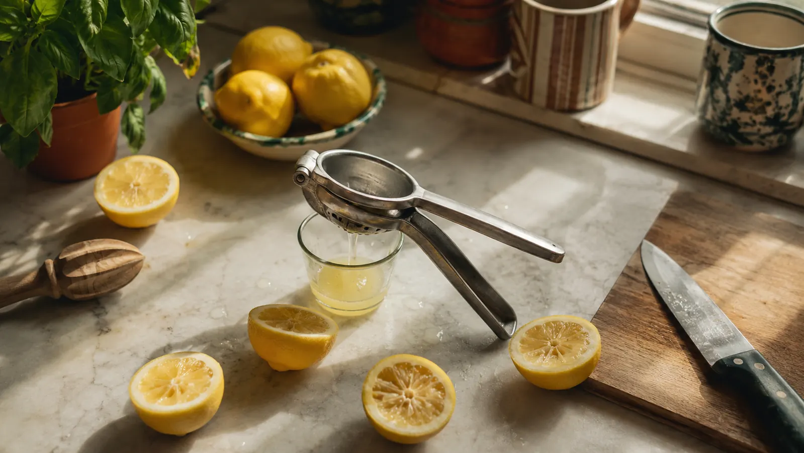 A yellow and green metal lemon squeezer resting on a wooden cutting board next to halved lemons and a glass of fresh juice