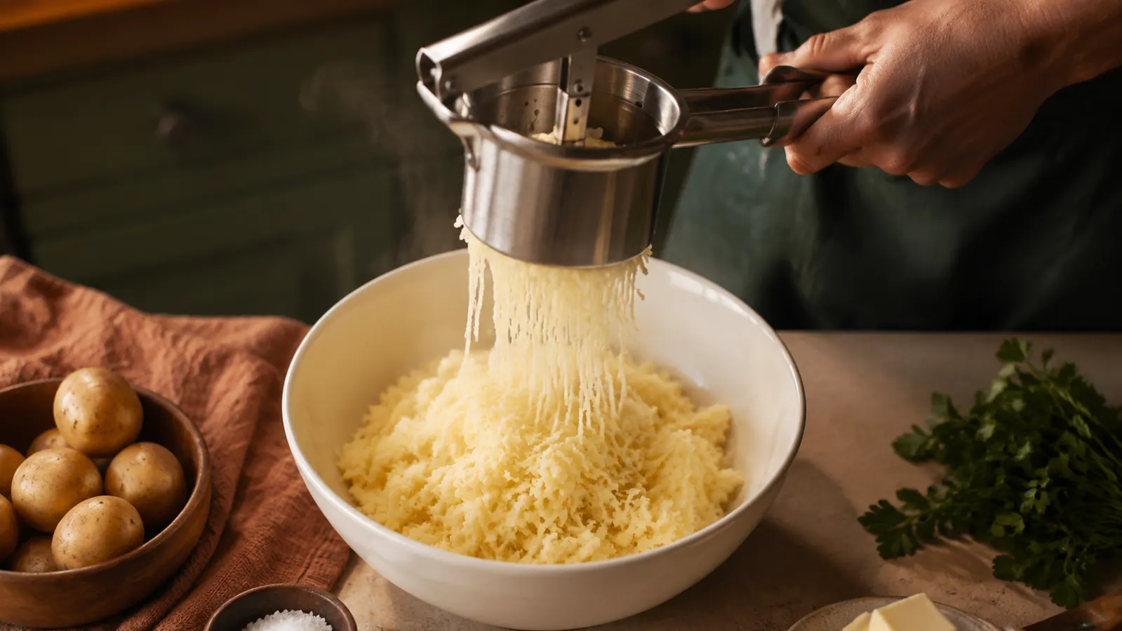 Stainless steel potato ricer pressing a boiled potato into a bowl of fluffy mashed potatoes