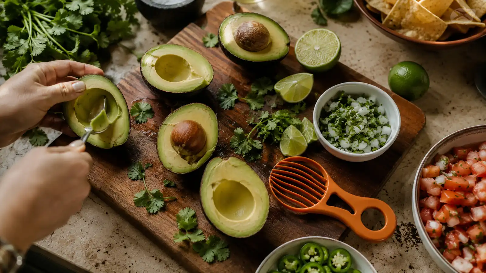 A wooden kitchen counter with two halved avocados, a small orange three in one avocado tool, and a bowl of guacamole ingredients in warm Sunday afternoon light