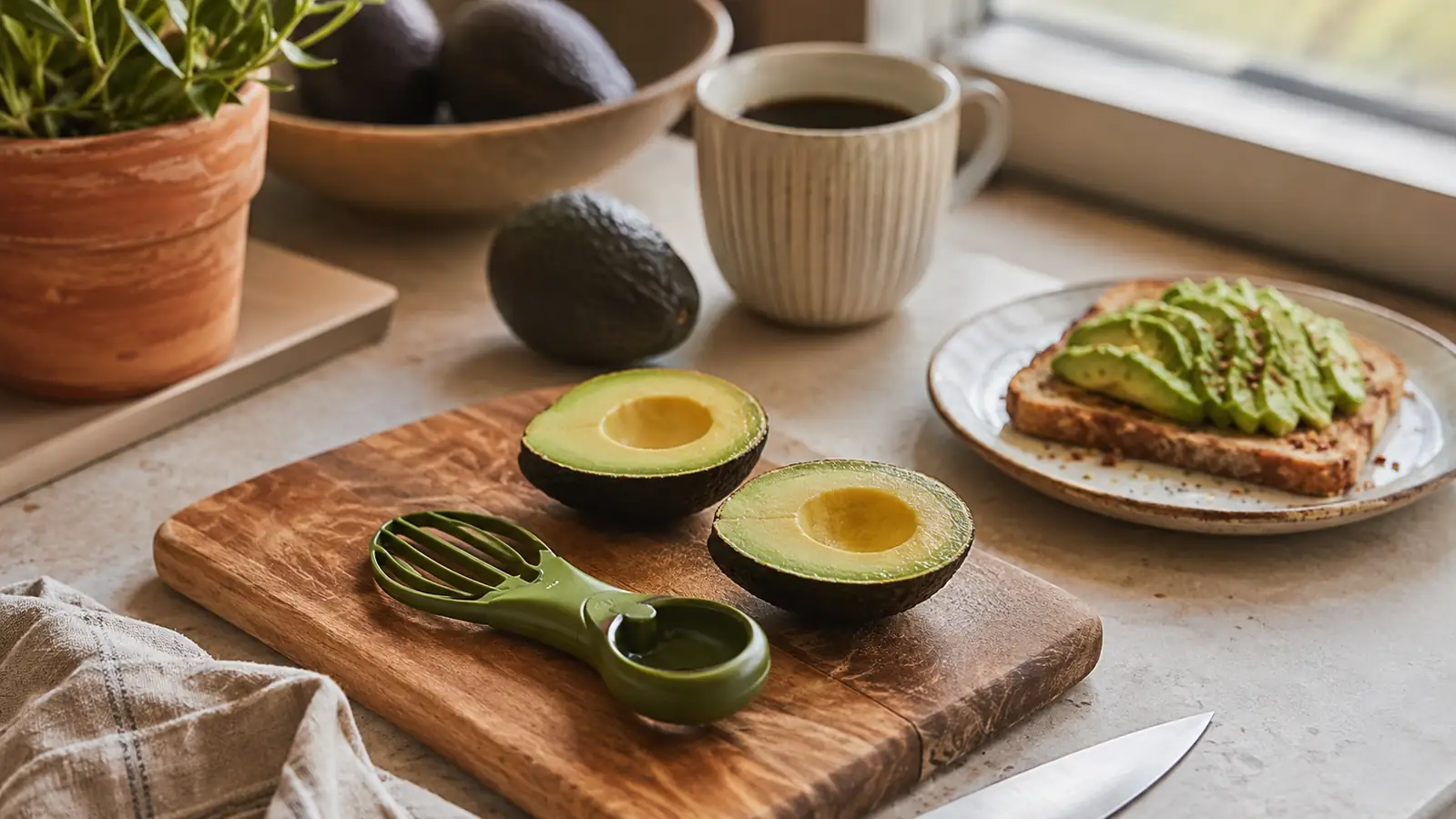 Halved avocados and the NADOBA 3-in-1 slicer tool laid out on a wood cutting board next to toast and a bowl of guacamole