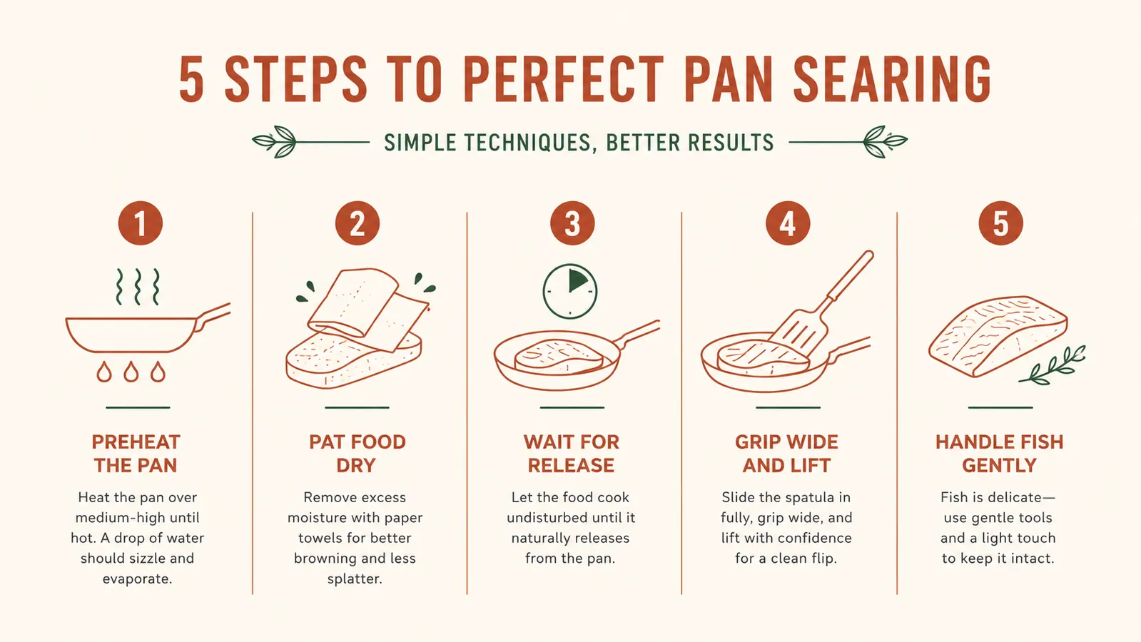 Diagram showing the five steps of flipping food cleanly with tongs, from preheating the pan to lifting delicate fish