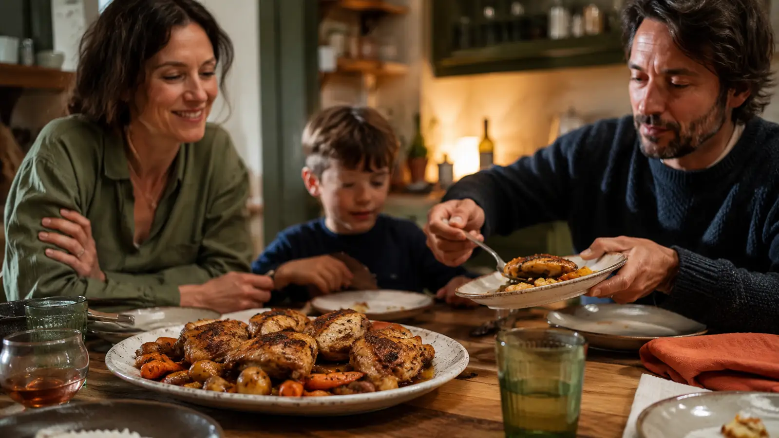 A finished dinner plate of seared chicken thighs and roasted vegetables on a family dinner table