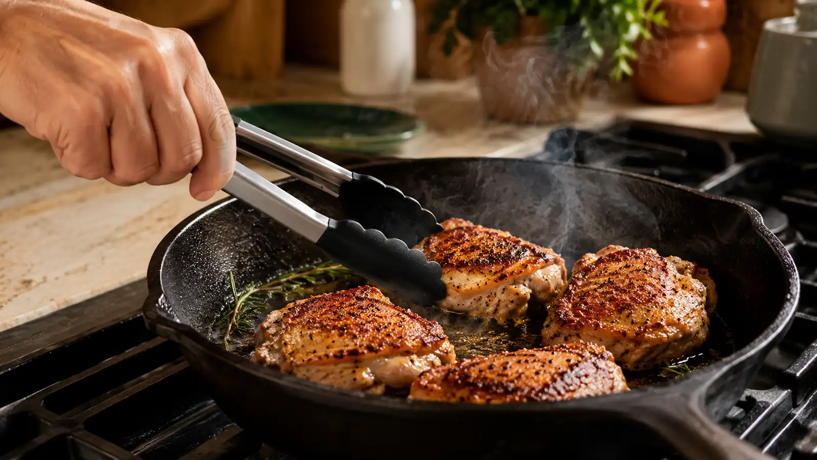 A hand using HOTEC locking kitchen tongs to flip a chicken thigh in a cast iron skillet