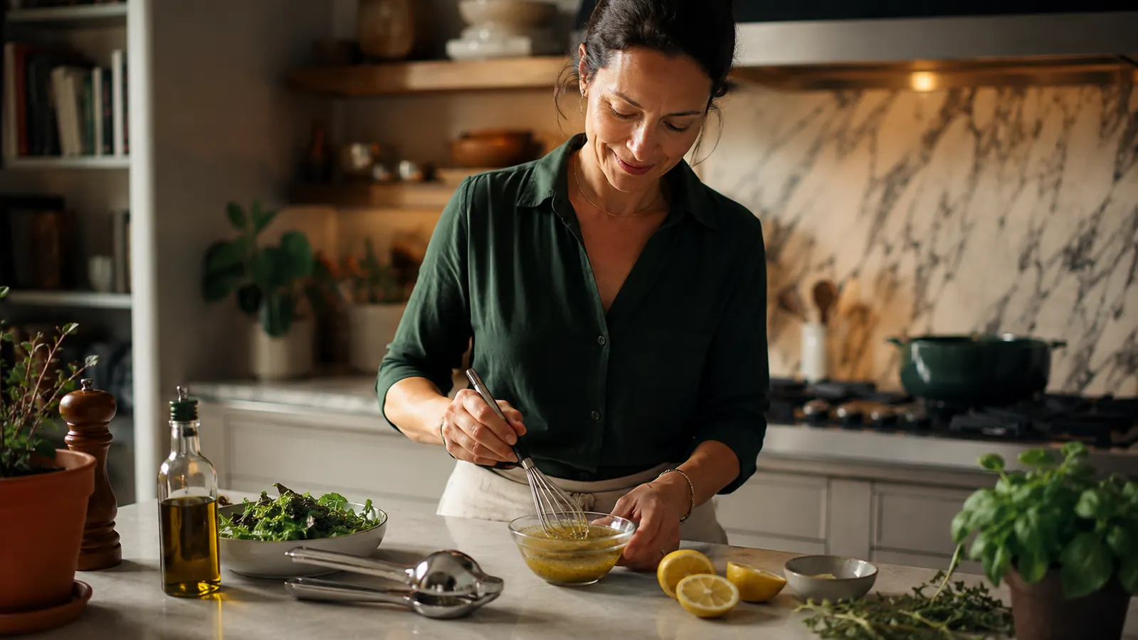 A woman at a kitchen island whisking fresh lemon juice into a vinaigrette, with the lemon squeezer and spent lemon halves visible on the counter