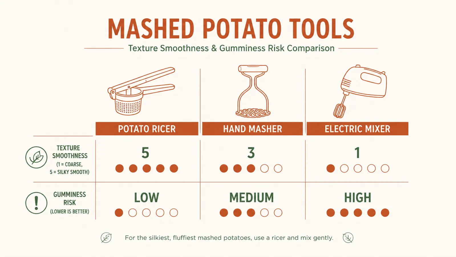 Chart comparing texture results from a potato ricer, hand masher, and electric mixer on mashed potatoes