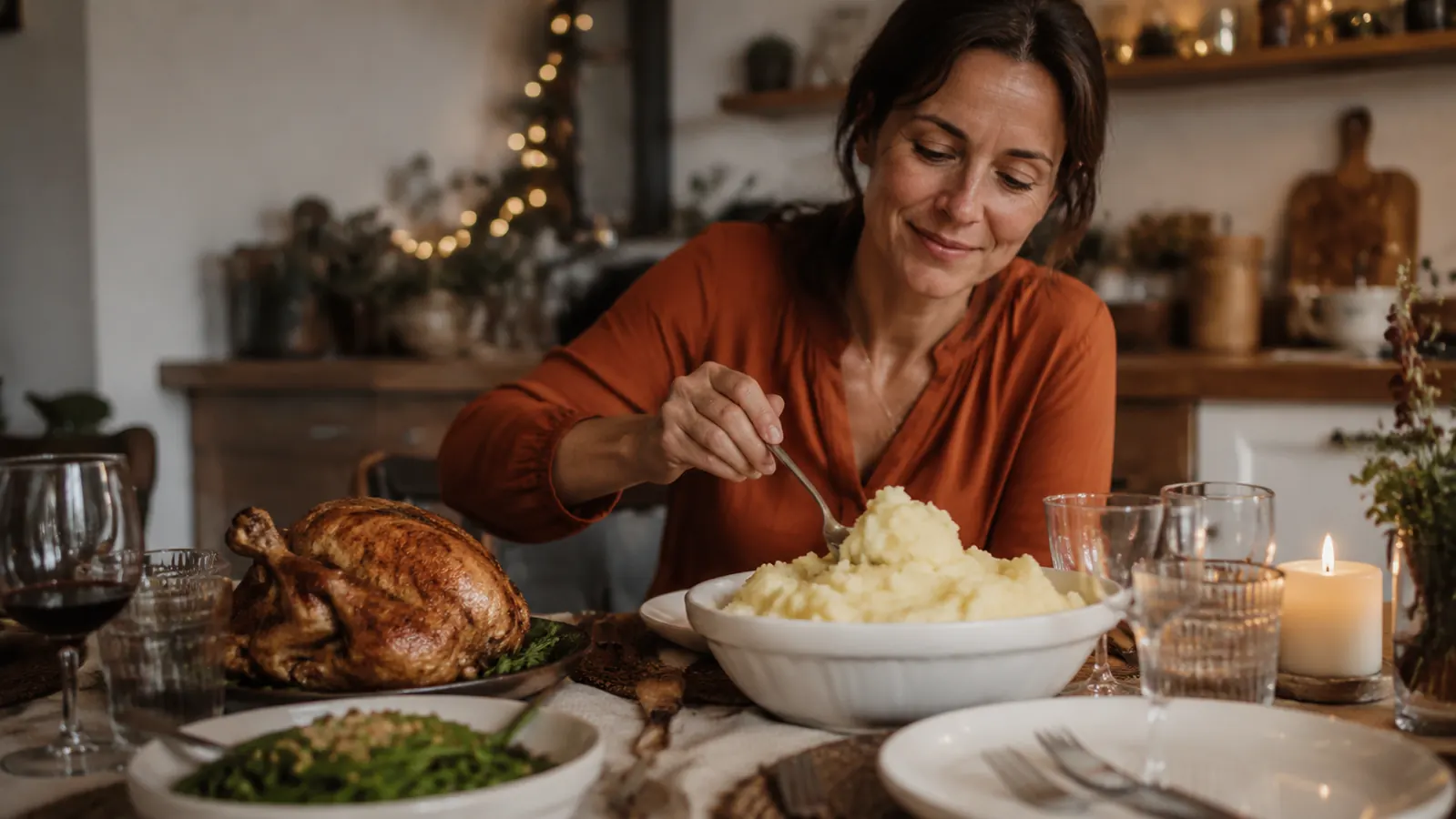 A family-style dinner table set with a bowl of mashed potatoes, roast chicken, and green beans