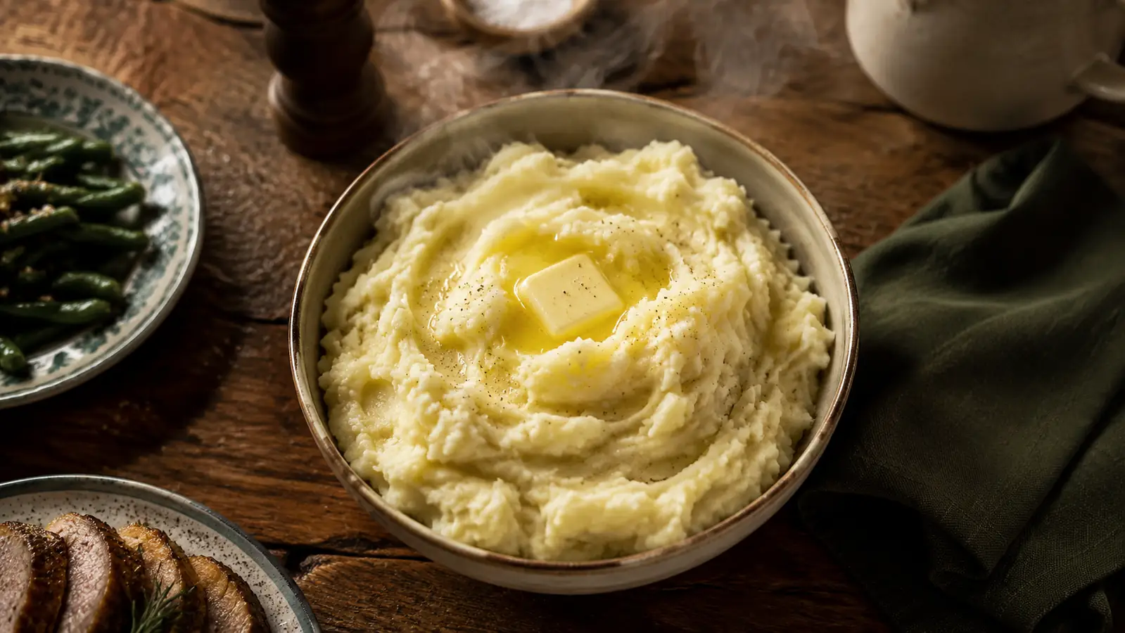 A bowl of fluffy, lump-free mashed potatoes topped with melting butter on a wooden kitchen table