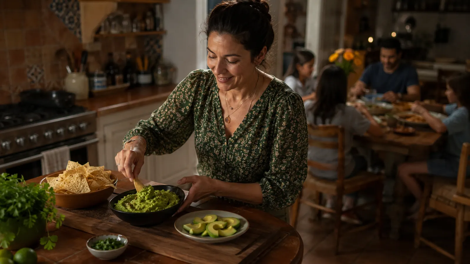 A bowl of fresh guacamole on a family dinner table with sliced avocado nearby