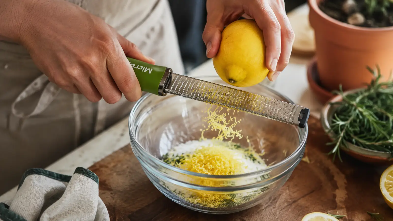 Hands zesting a lemon with a Microplane zester over a glass mixing bowl on a sunlit kitchen counter, bright yellow zest curls falling into the bowl