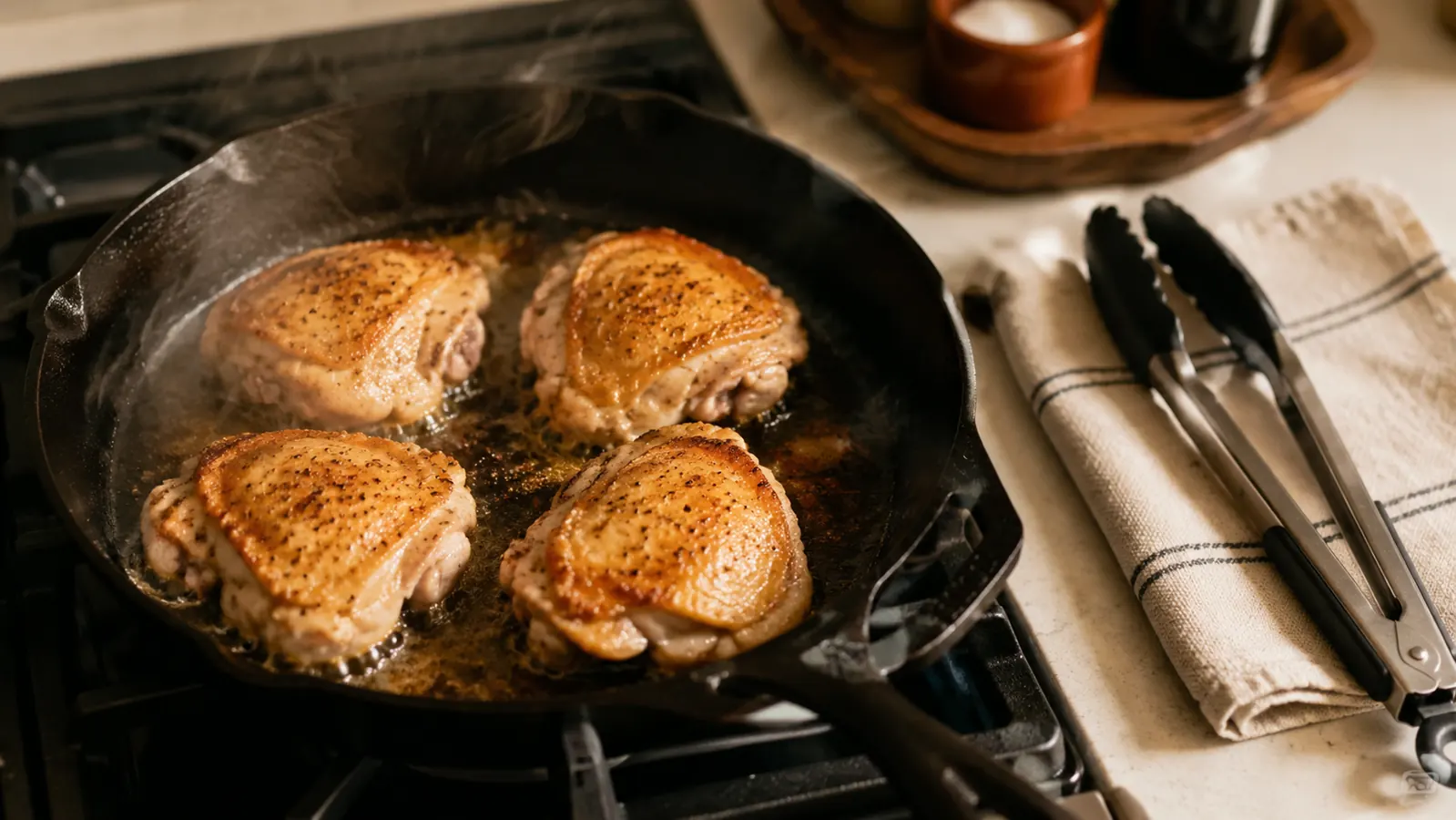 A cast iron skillet with bone-in chicken thighs searing skin-side down, a stainless steel pair of locking tongs with silicone tips resting on the counter beside the stove