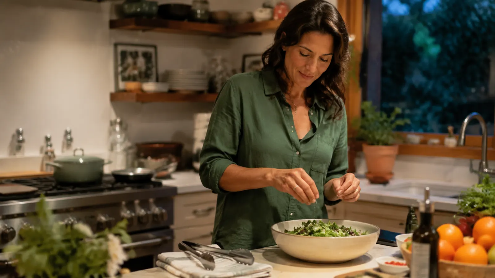 A home kitchen counter scene with the smaller 9 inch tongs resting beside a bowl of tossed salad and a cutting board of sliced vegetables