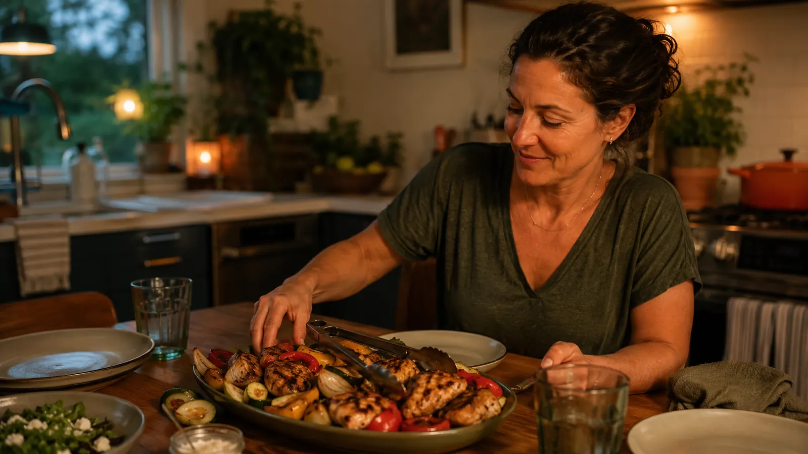 Family dinner table with a platter of grilled vegetables and chicken, tongs resting on the serving platter