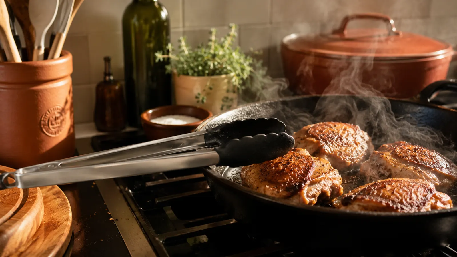 A pair of stainless steel locking kitchen tongs resting on a stovetop next to a cast iron skillet with searing chicken thighs