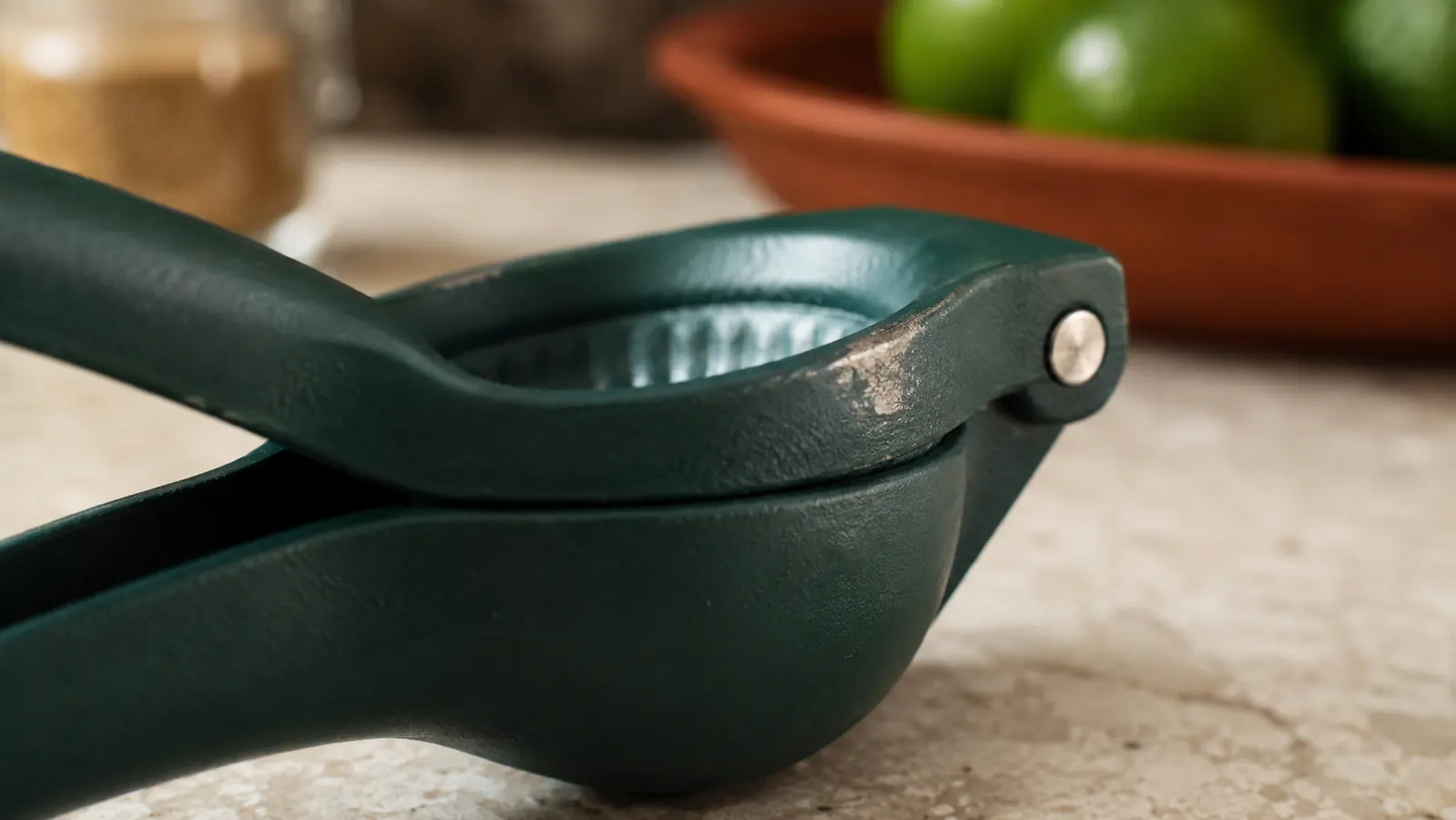Close-up of the Zulay squeezer's metal coating showing light wear spots near the hinge after months of use