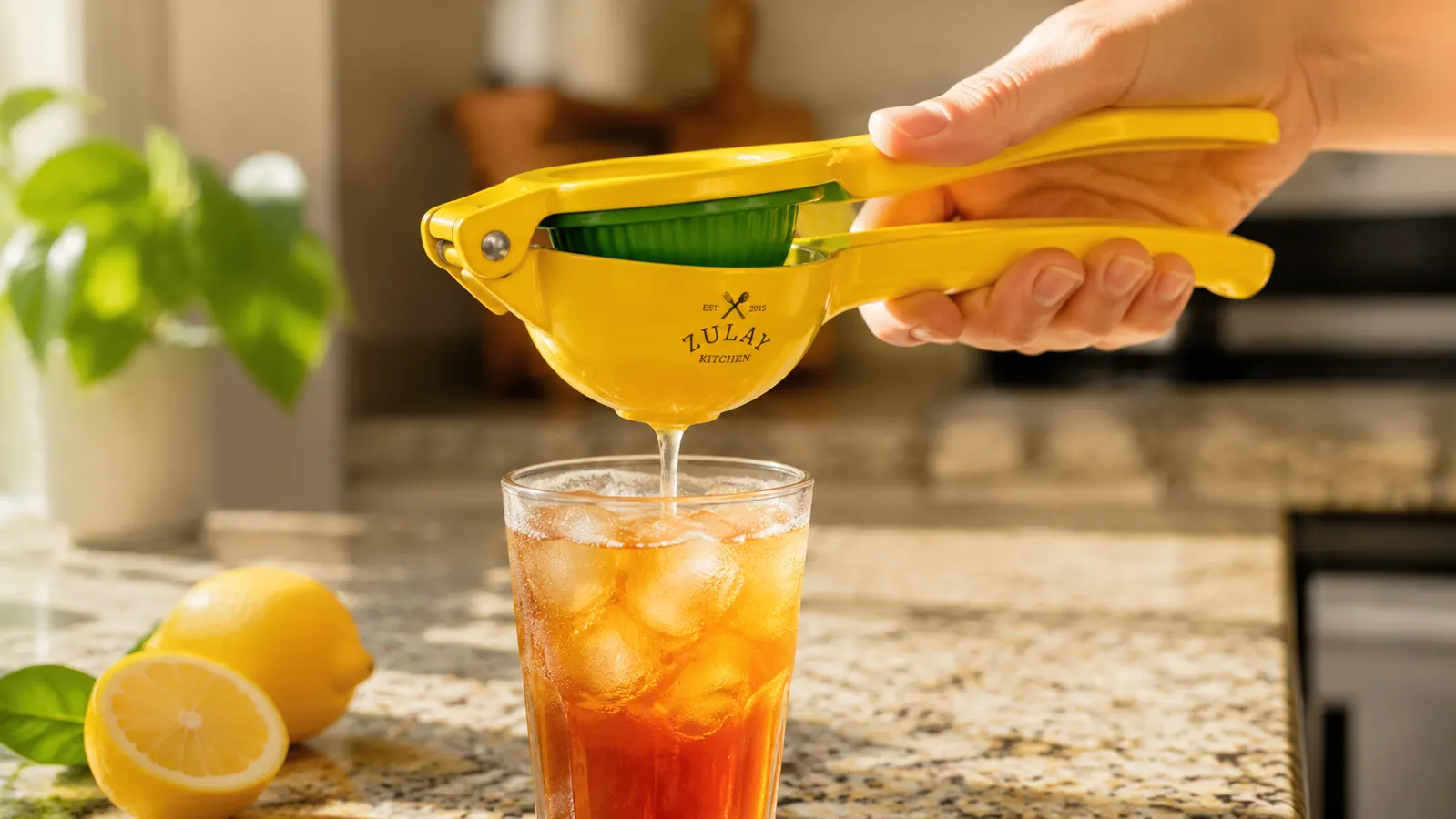 Hand squeezing a lemon half in the Zulay metal lemon squeezer over a glass of iced tea on a kitchen counter