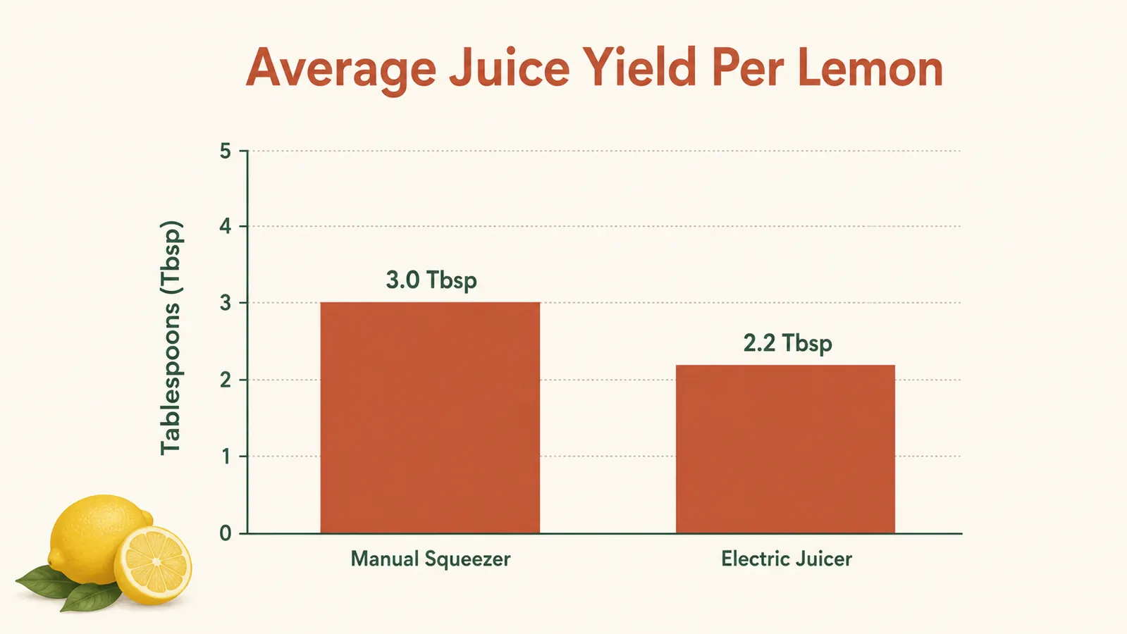 Bar chart comparing average juice yield per lemon in tablespoons for the manual squeezer versus the electric citrus juicer