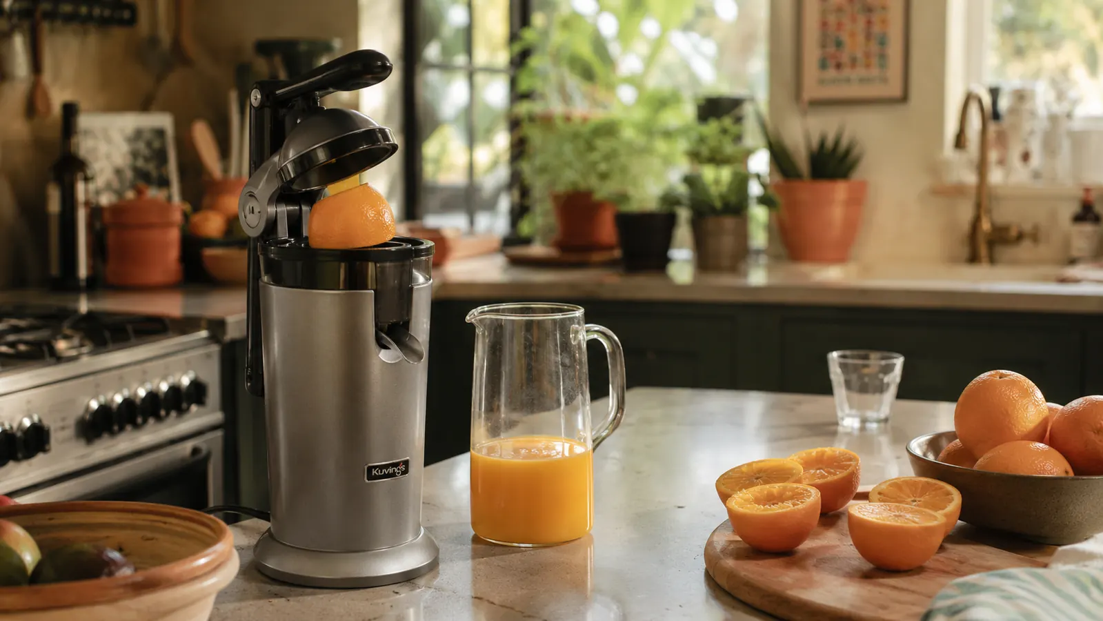 A tall electric citrus juicer sitting on a kitchen counter next to a pitcher of fresh orange juice and a pile of halved oranges