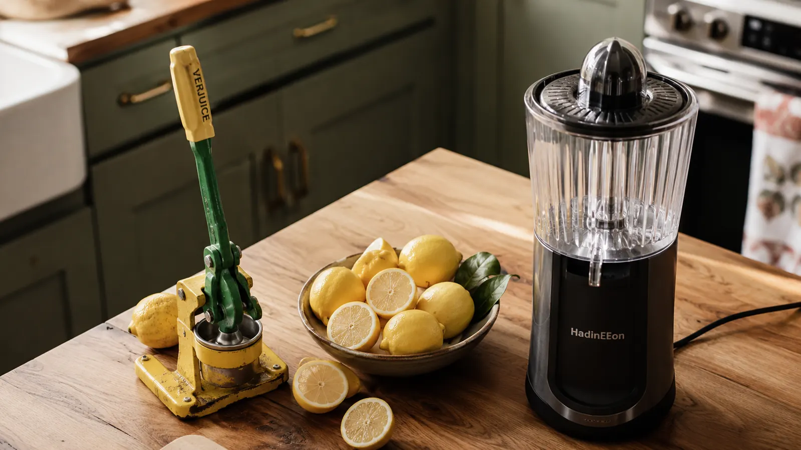 A yellow and green metal Zulay lemon squeezer sitting next to a large electric citrus juicer on a kitchen counter, with a bowl of lemons between them