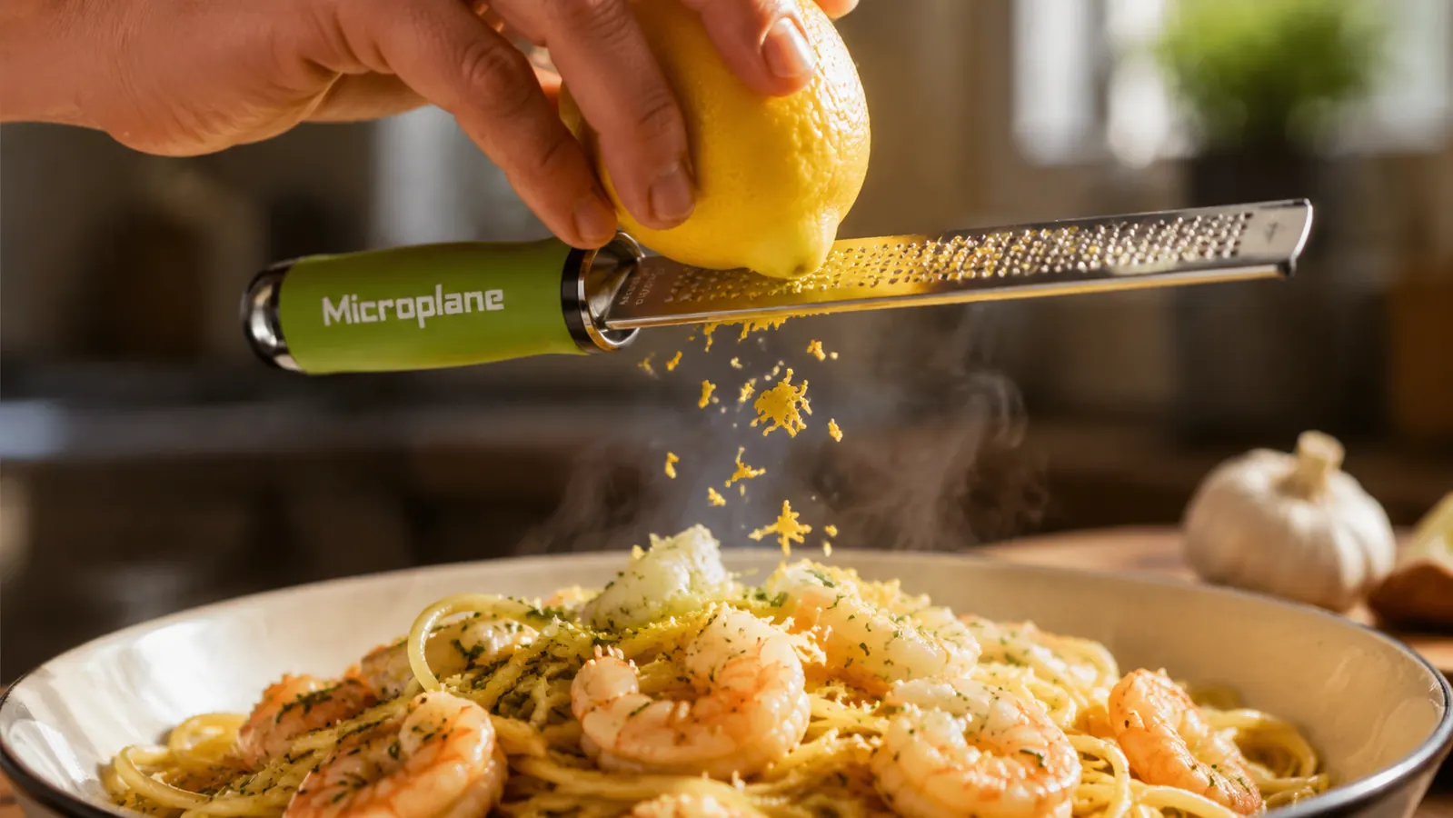 A hand running a lemon across the Microplane zester's fine blade over a bowl of pasta, fine zest falling onto the noodles