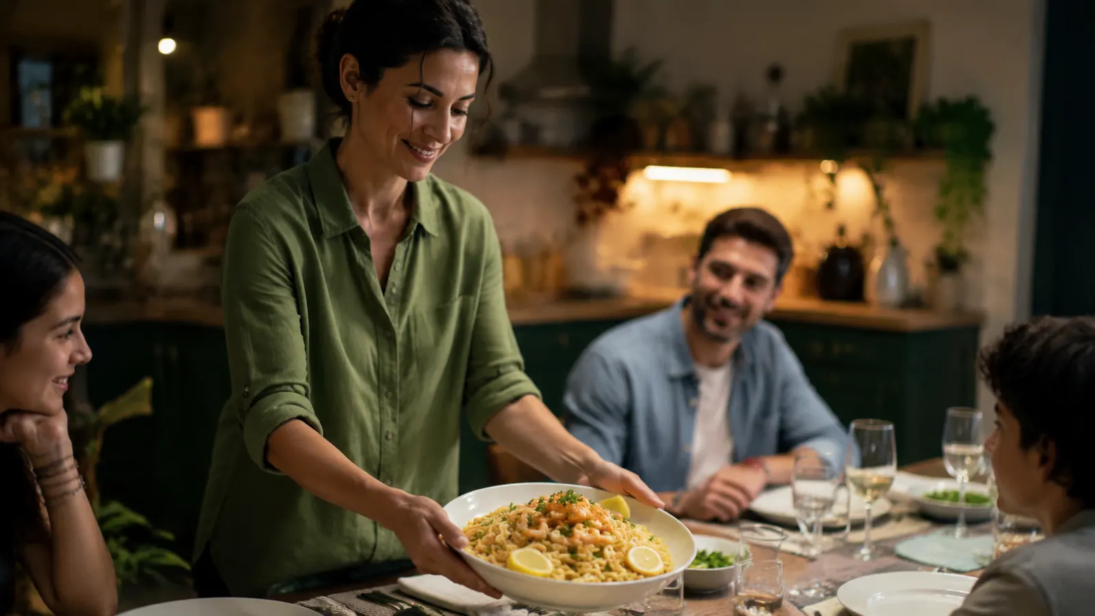 A woman setting a finished pasta dish topped with fresh lemon zest and parmesan on a dinner table with family in soft focus behind her