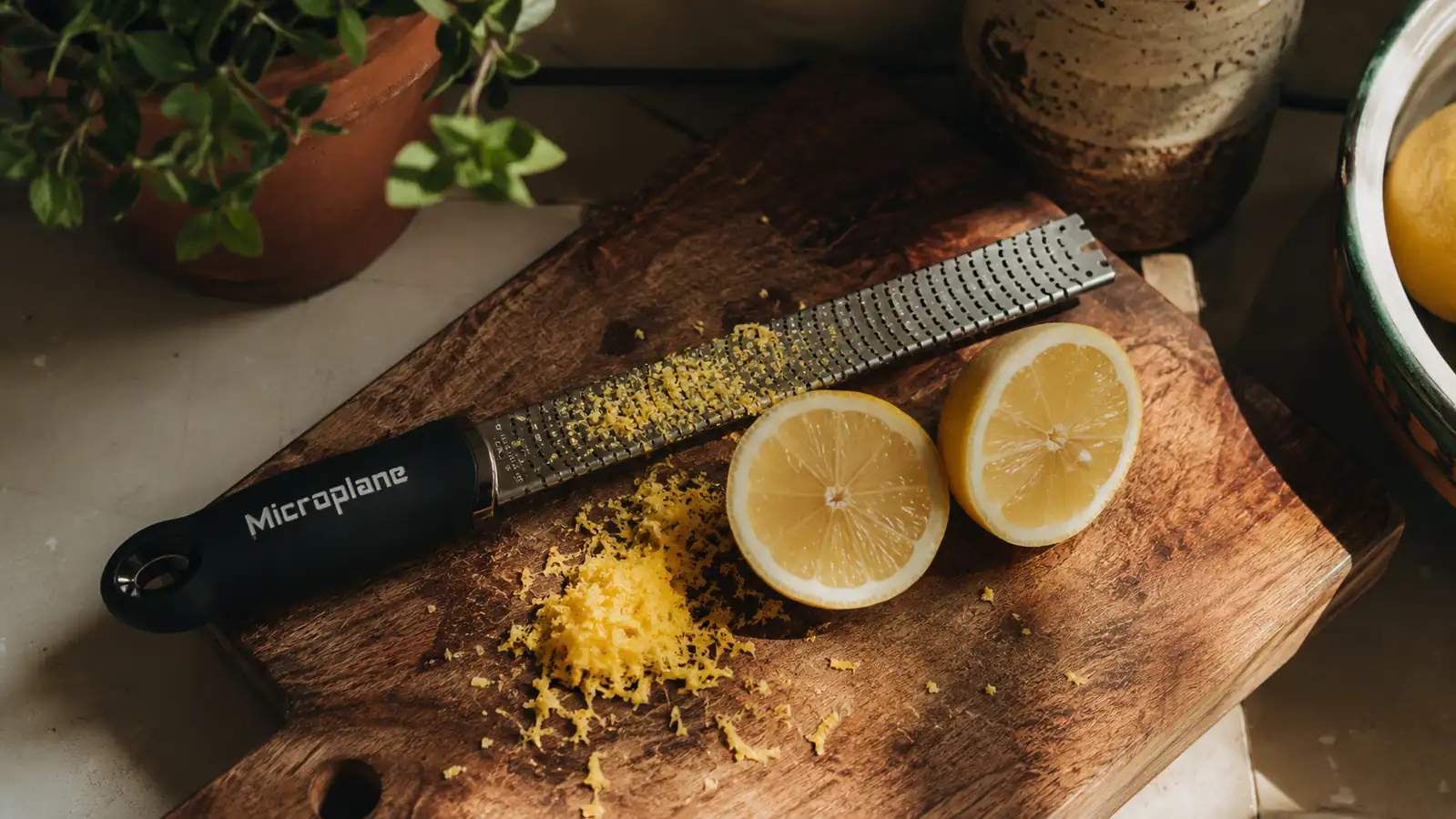 A green-handled Microplane zester resting on a wooden cutting board next to a halved lemon and a small pile of fresh lemon zest