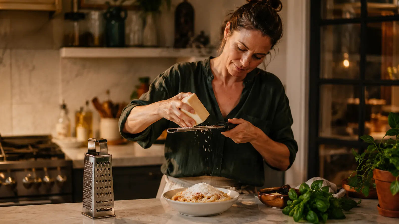 A home cook standing at a kitchen counter with both a Microplane zester and a box grater within reach, grating Parmesan over a bowl of pasta