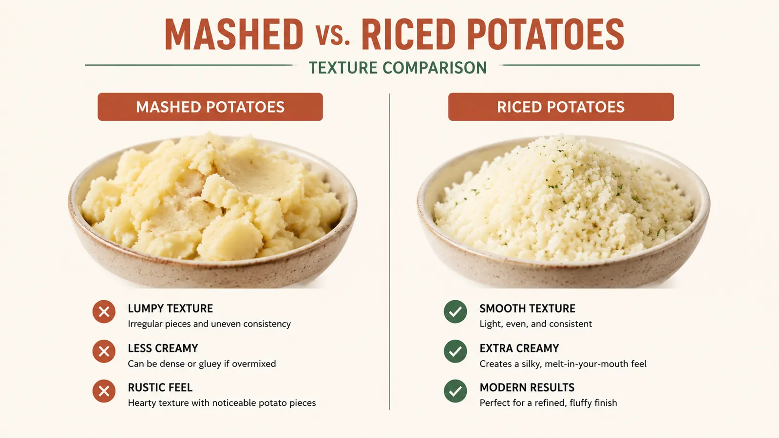 Split image comparing lumpy hand-mashed potatoes on the left and smooth riced potatoes on the right