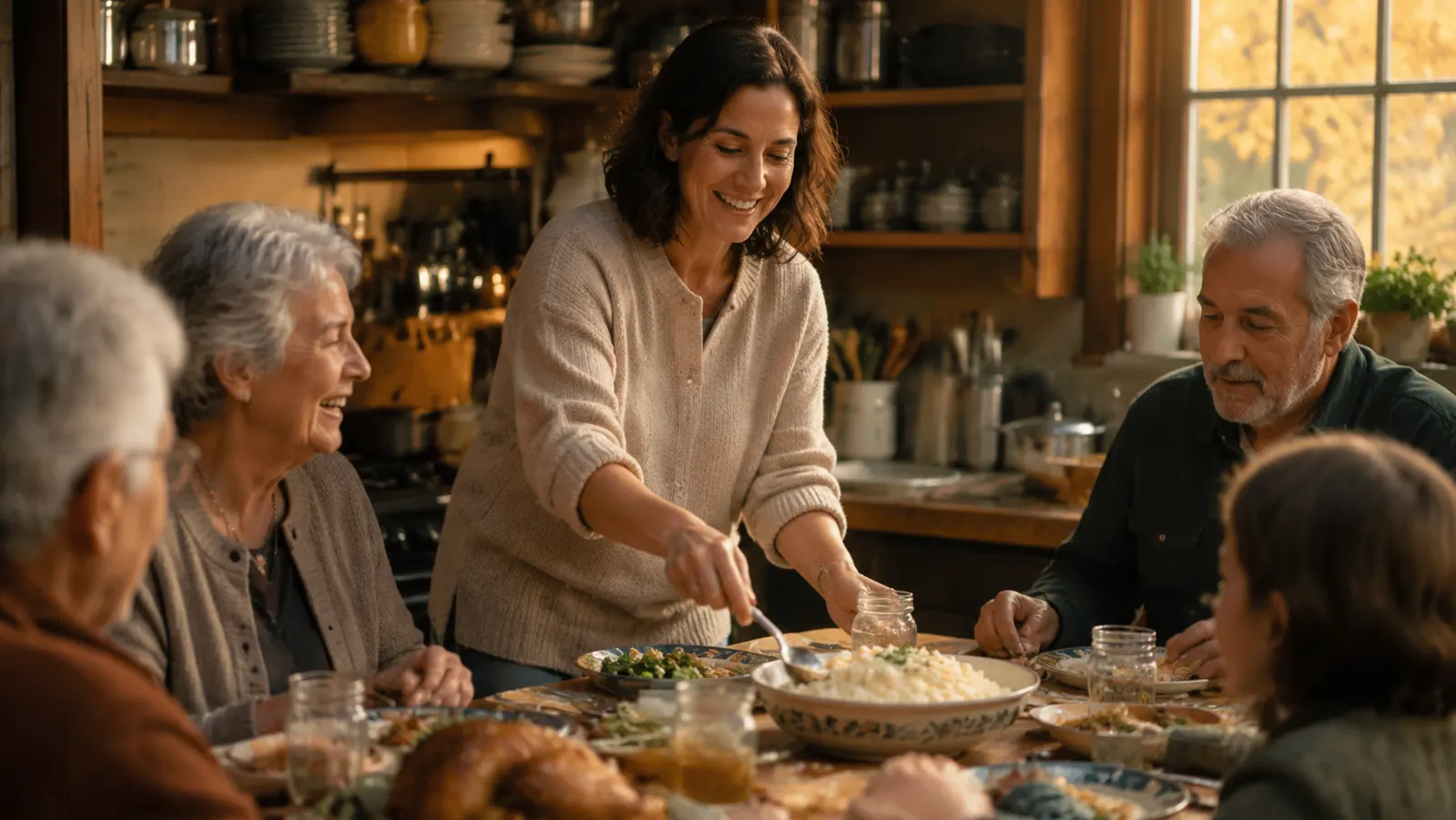 Family gathered around a dinner table passing dishes, mashed potato bowl at the center