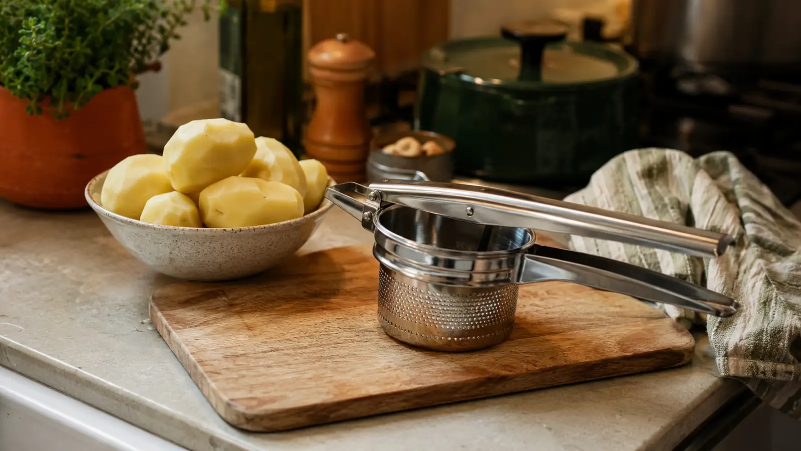 Stainless steel potato ricer sitting on a kitchen counter next to a bowl of peeled Yukon Gold potatoes