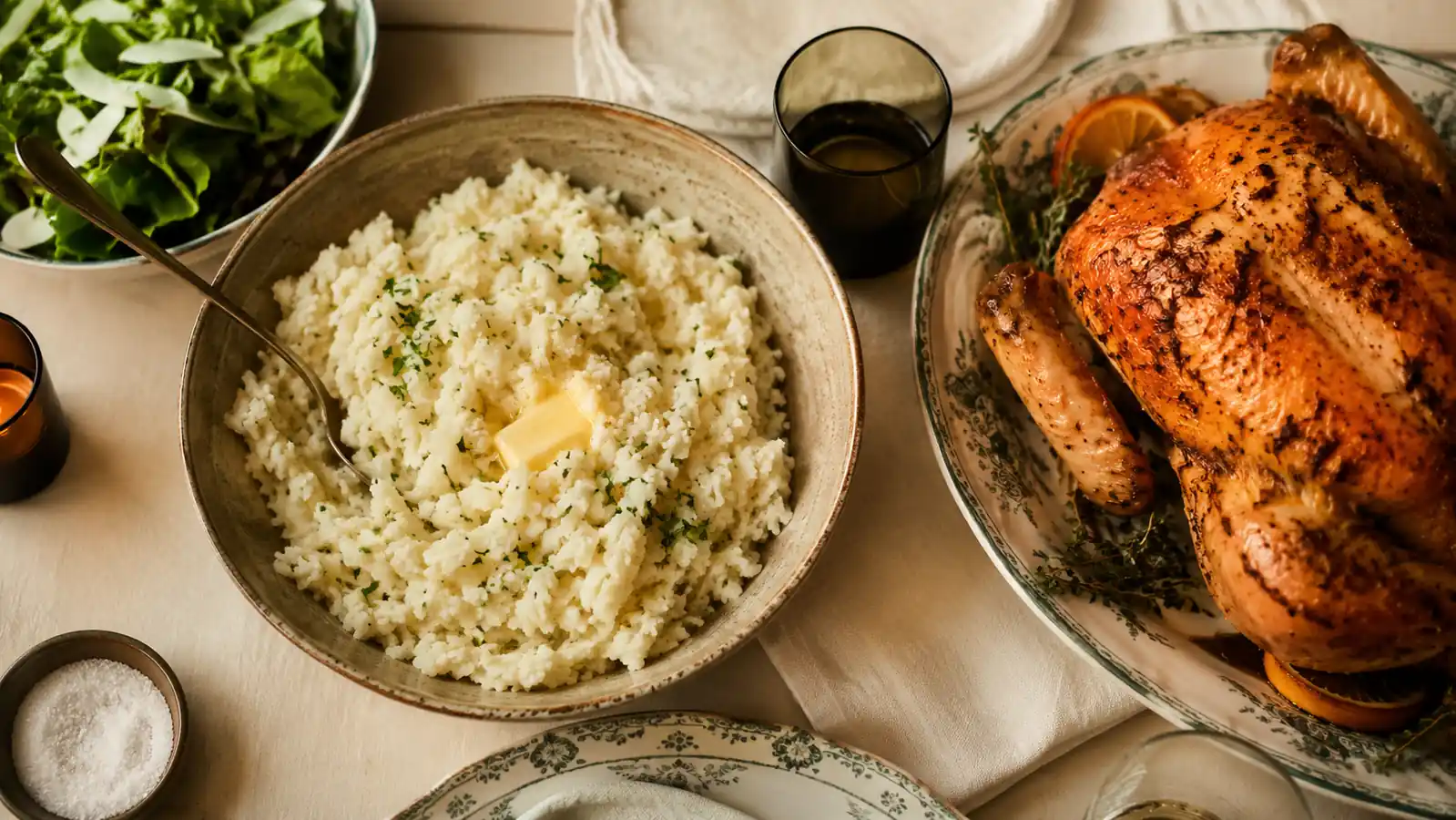A steaming bowl of freshly riced potatoes on a Sunday dinner table, soft warm kitchen light