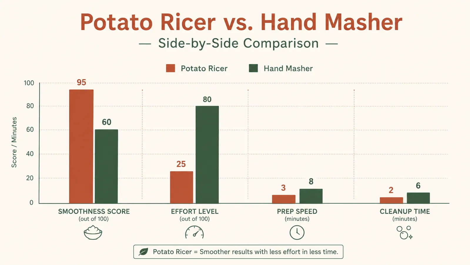 Bar chart comparing ricer and hand masher across texture score, effort, speed, and cleanup time