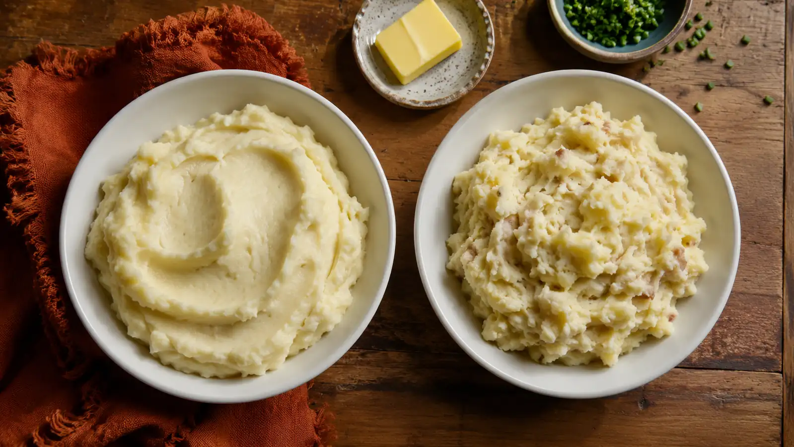 Two bowls of mashed potatoes side by side, one smooth and fluffy from a ricer, one chunkier from a hand masher